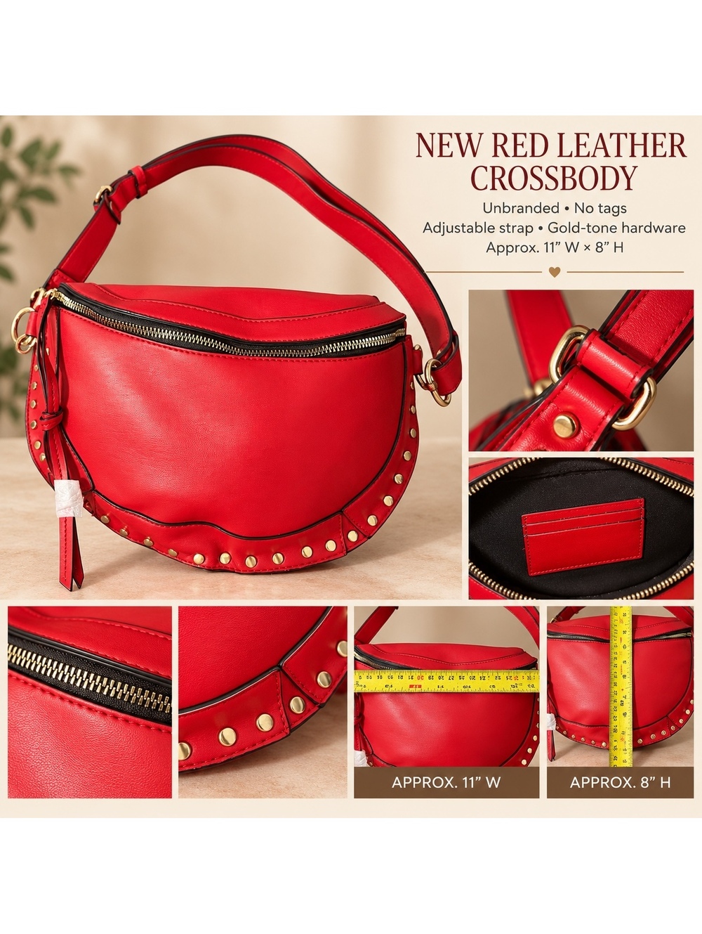 New Red Leather Studded Crossbody Bag